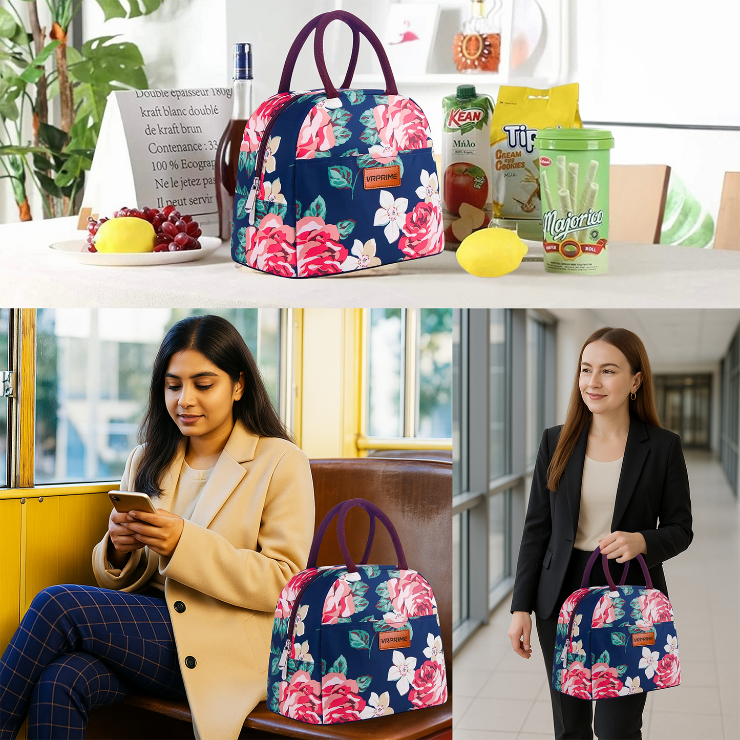 VRPRIME Lunch Bag for Office Use | 7 Liters Navy Color with Roses | Lunch Bags for Women