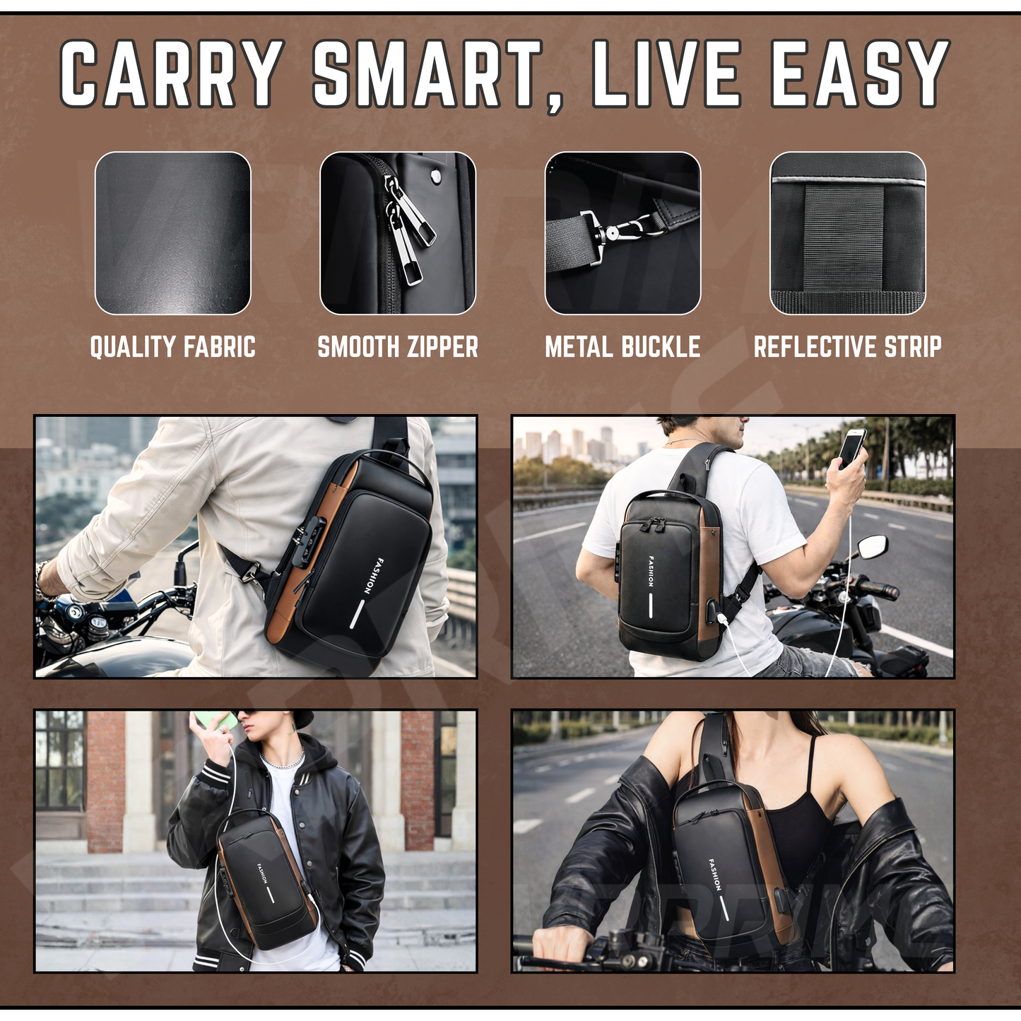 VRPRIME Black Sling Bag for Men | Waterproof Anti-Theft Crossbody Bag with USB Charging Port for Travel, Office & Daily Use