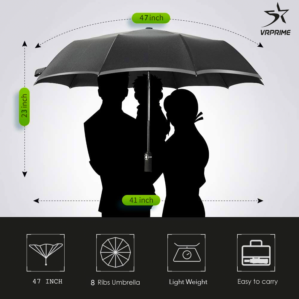 VRPRIME 3 Fold Automatic Umbrella for Rain & Sun | Big Size Windproof Umbrella with Reflective Strap, 10 Dual Reinforced Ribs | Travel Umbrella (Black)