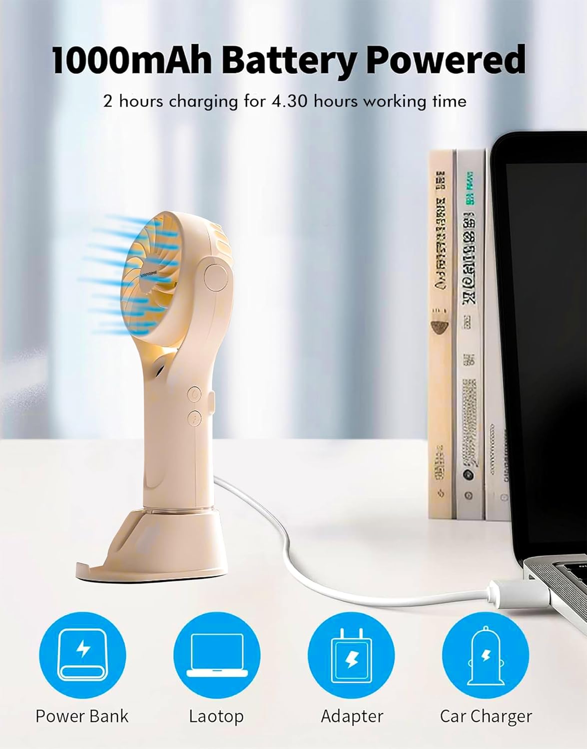 VRPRIME Portable Hand Fan with Mist Spray | Rechargeable Mini USB Table Fan 1000mAh for Home, Office & Travel (Beige White)