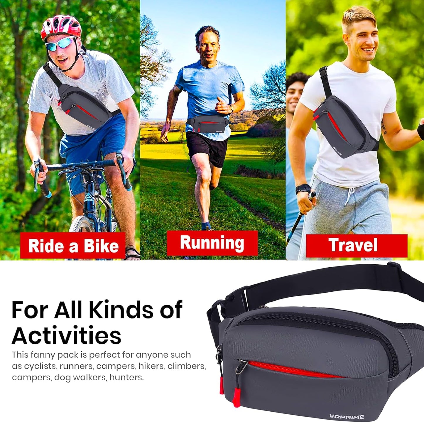 VRPRIME Waist Bag for Men | Fanny Waist Pouch Pack | Small Chest Bags for Boys ( Grey )