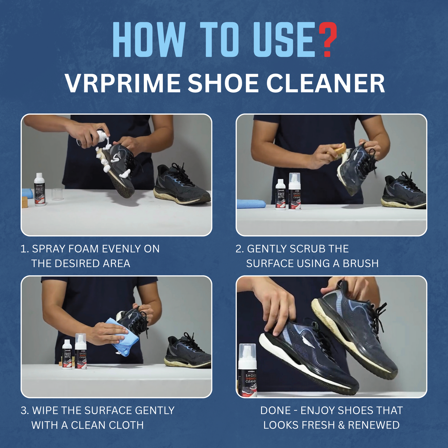 VRPRIME Shoe Cleaner Kit 3PC (100ML) | Sneaker Cleaning Solution with Brush & Microfiber Cloth | Removes Dirt & Stains from Sports Shoes