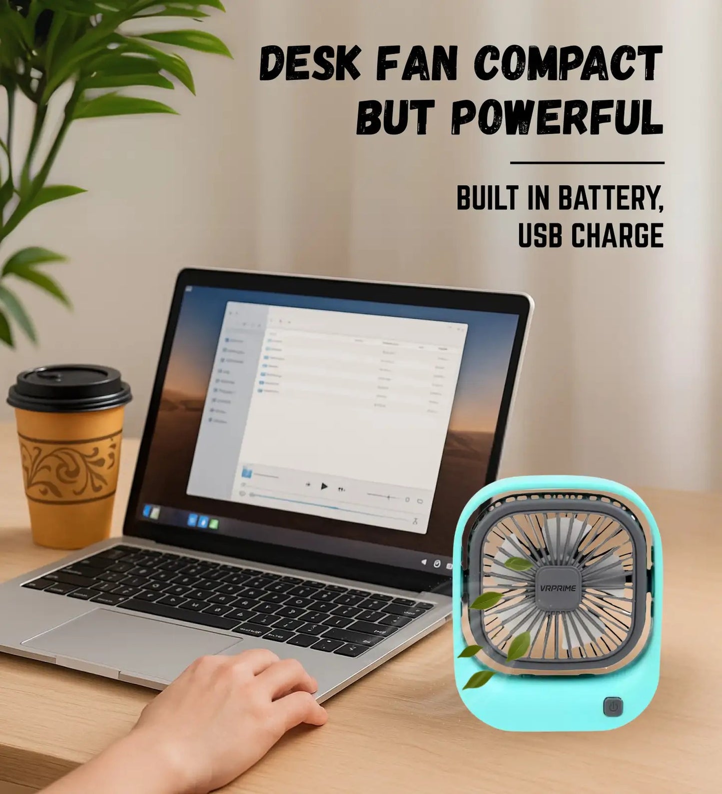 VRPRIME Rechargeable Portable Desk Fan | 3-Speed Mini Table Fan with 1000mAh Battery | USB Powered Cooling for Home, Office & Travel