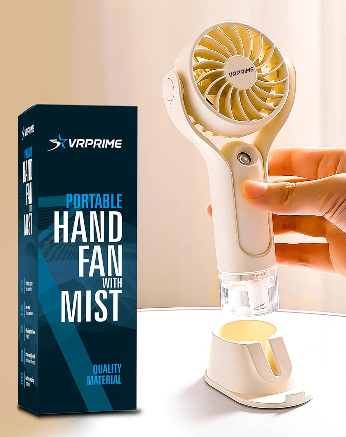 VRPRIME Portable Hand Fan with Mist Spray | Rechargeable Mini USB Table Fan 1000mAh for Home, Office & Travel (Beige White)
