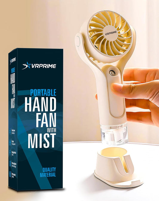 VRPRIME Portable Hand Fan with Mist Spray | Rechargeable Mini USB Table Fan 1000mAh for Home, Office & Travel (Beige White)