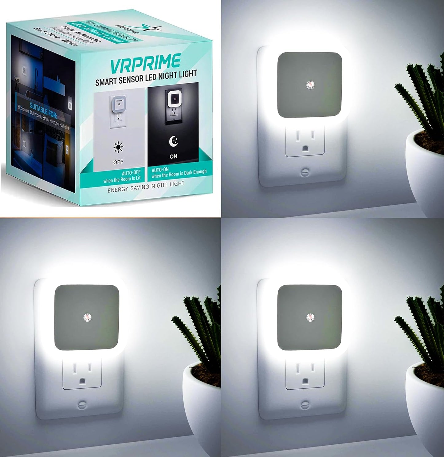 VRPRIME 3Pc Night Lamp Sensor Light White For Bedroom Bed Side Home | Smart Automatic ON/Off Dim LED Lights