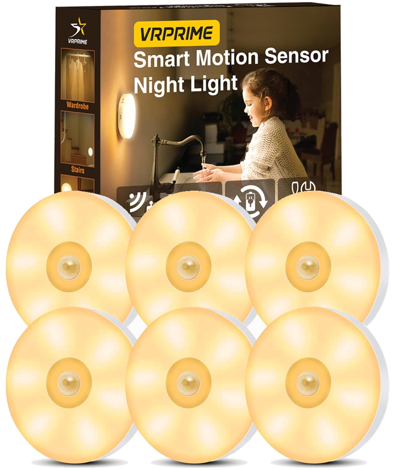 VRPRIME Rechargeable 6 Motion Sensor Light | Night Body Induction Lamp for Bedroom, Wardrobe & Stairs