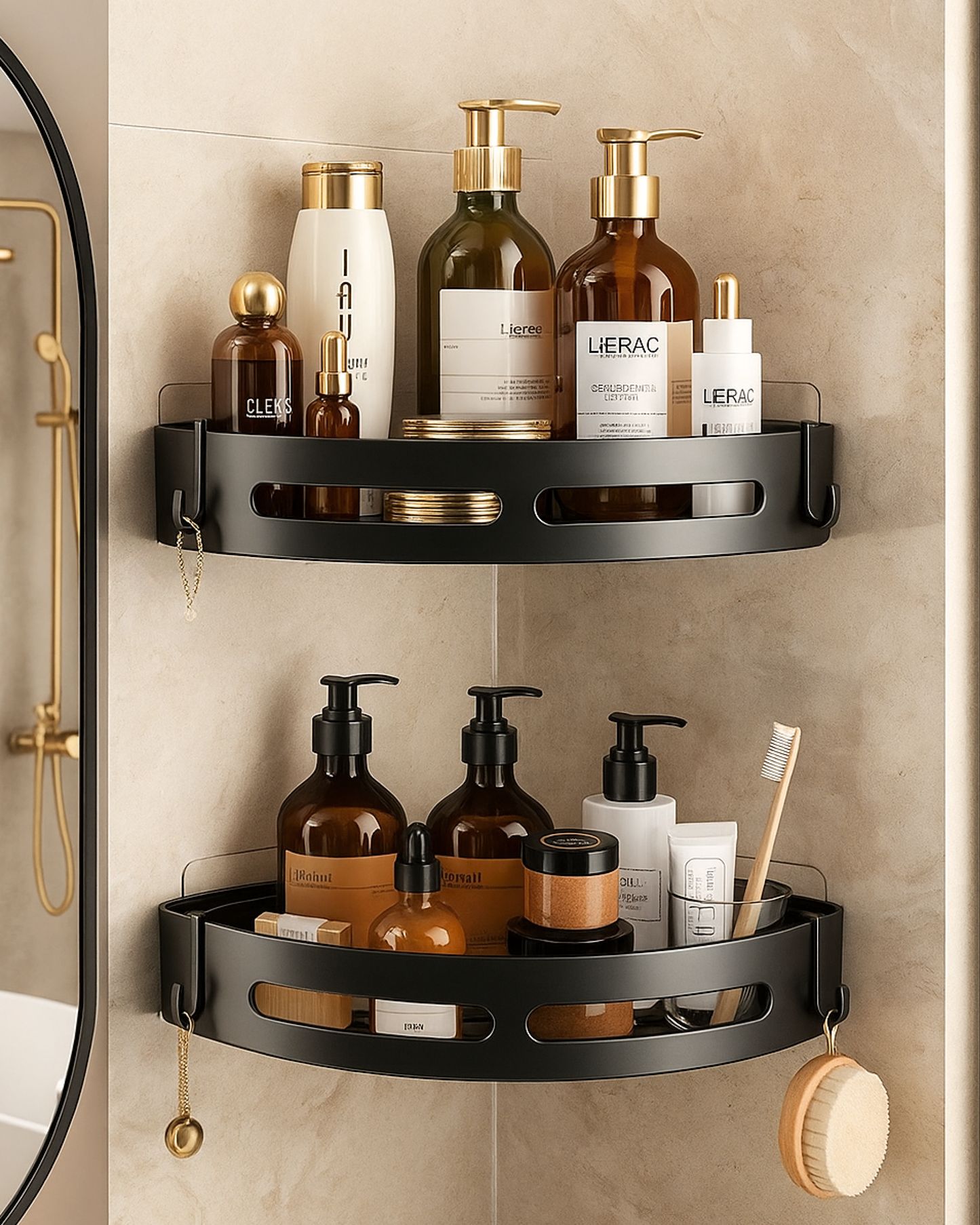 2PC Bathroom Organiser Without Drill | Self Adhesive Wall Mounted Bathroom Corner Shelves Organizer | Bathroom Accessories Set Stand Shelf Storgae Rack (Black, Pack of 2)