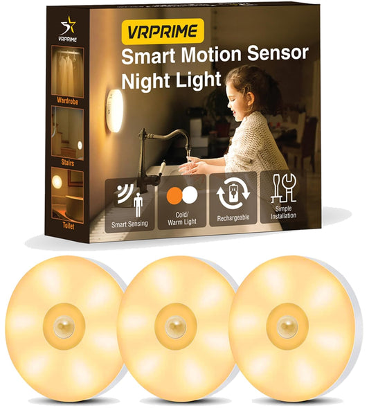 VRPRIME Rechargeable 3 Motion Sensor Light | Night Body Induction Lamp for Bedroom, Wardrobe & Stairs