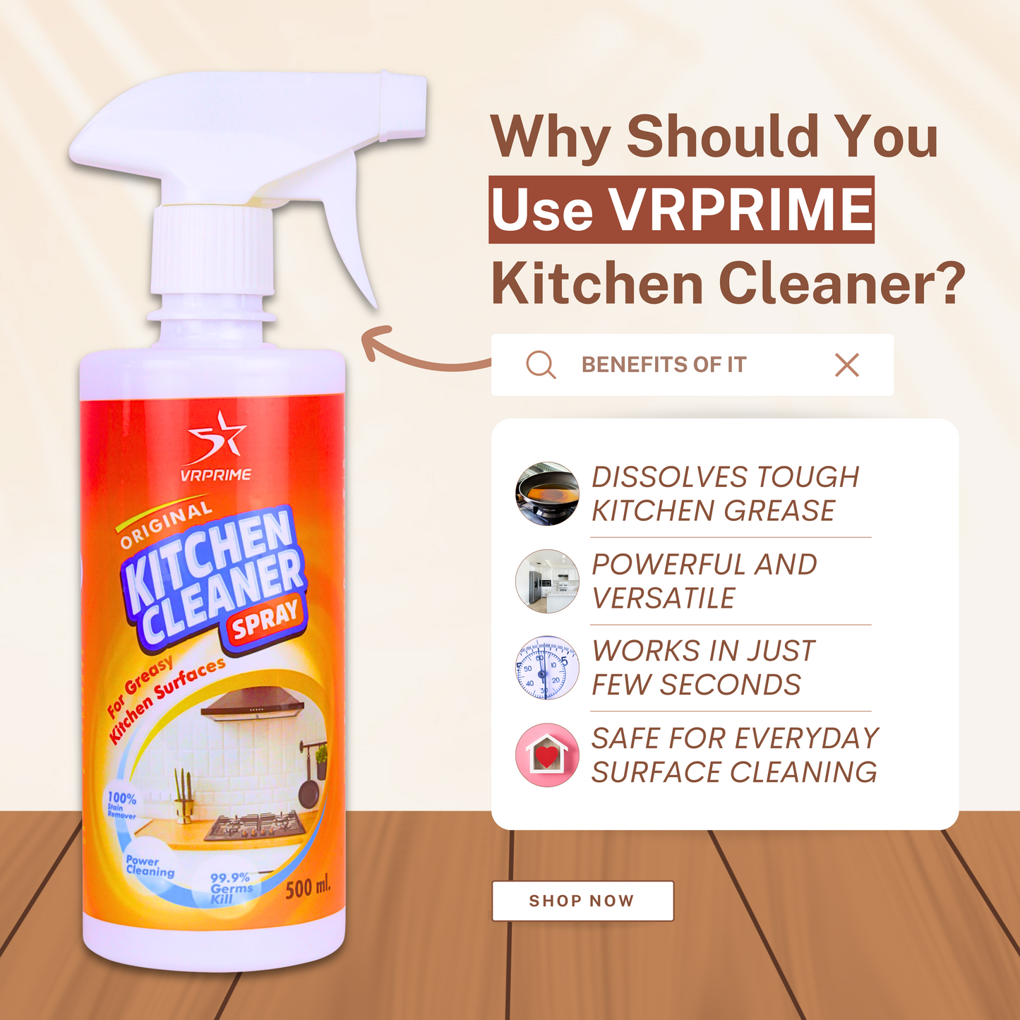 VRPRIME Kitchen Cleaner Spray | Kitchen Sink Chimney Gas Stove Oven Oil Stain Remover All Purpose Degreaser Spray | Kitchen Cleaning Spray for Exhaust Fan (500ml)