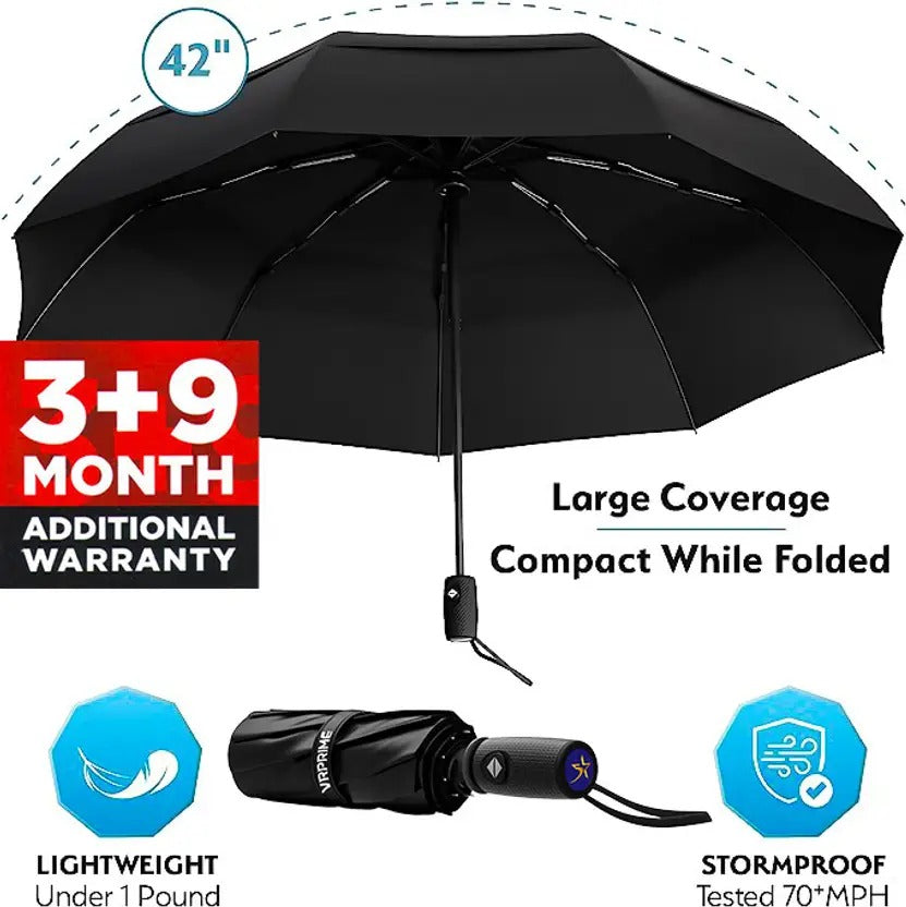 VRPRIME 3 Fold Automatic Umbrella for Rain & Sun | Big Size Windproof Travel Umbrella with 10 Dual Reinforced Ribs | Auto Open/Close (Black)