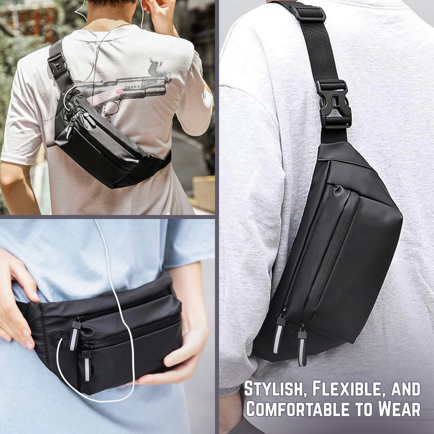 VR PRIME Waist Bag for Men Side Bag | Fanny Waist Pouch Pack | Travel Side Sling Waist Bag | Travel Essentials for Running, Riding a Bike (Black)