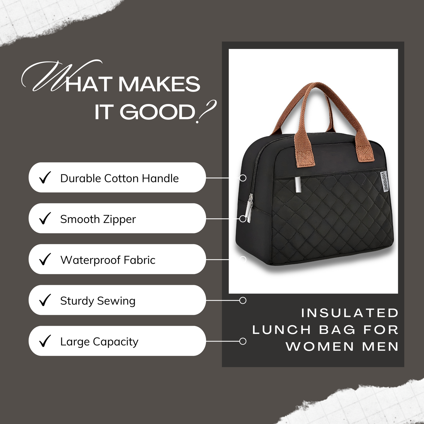 VRPRIME Lunch Bags – Insulated Tiffin Bag for Office for Men and Women – Keeps Food Hot or Cold