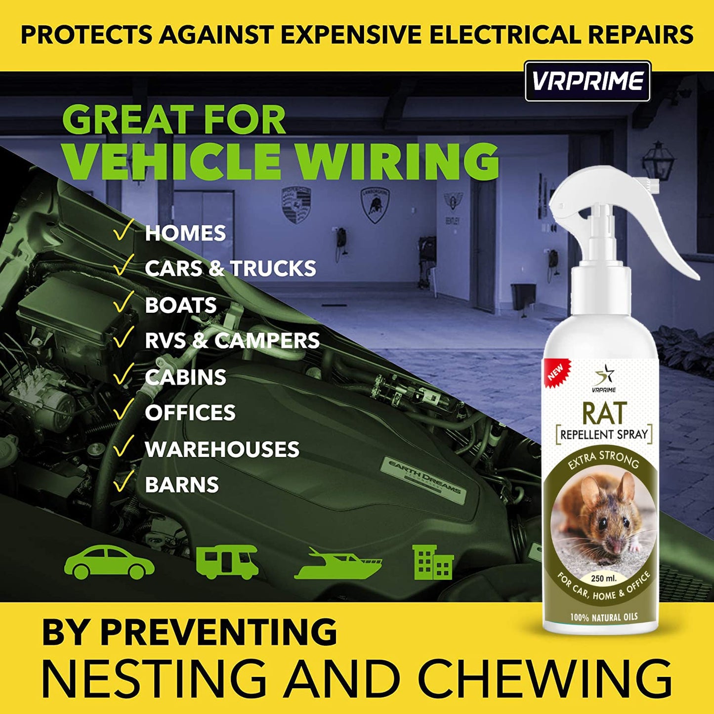 VRPRIME Rat Repellent Spray for Car Home Office Mouse | Natural Powerful Pest Control Protect Wires in Car Bike