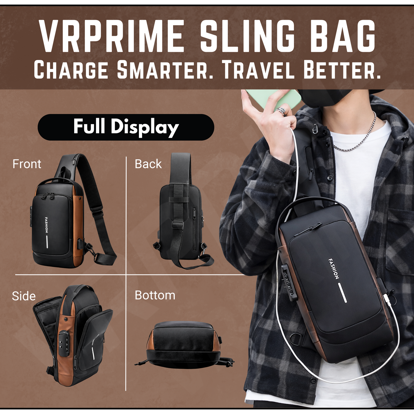 VRPRIME Black Sling Bag for Men | Waterproof Anti-Theft Crossbody Bag with USB Charging Port for Travel, Office & Daily Use