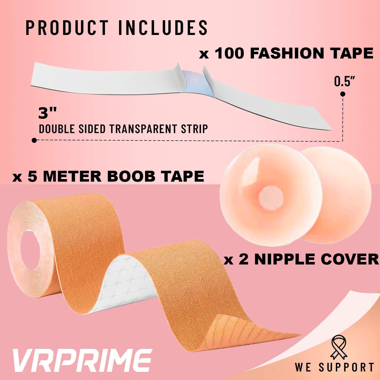 VRPRIME Boob Tape Kit - 5M Boob Tape with Reusable Nipple Cover for Women and 100 Strips Body Tape for Clothes