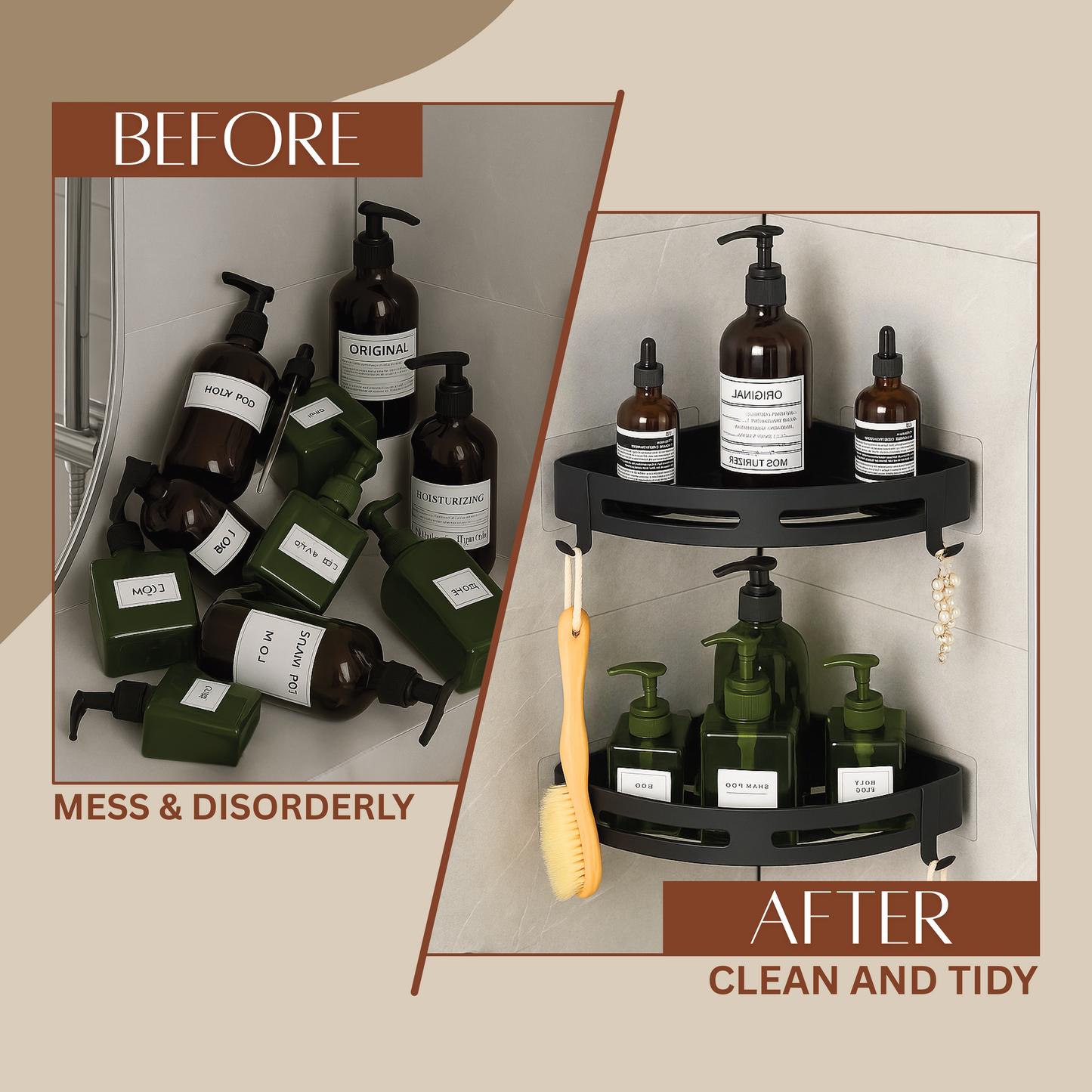 2PC Bathroom Organiser Without Drill | Self Adhesive Wall Mounted Bathroom Corner Shelves Organizer | Bathroom Accessories Set Stand Shelf Storgae Rack (Black, Pack of 2)