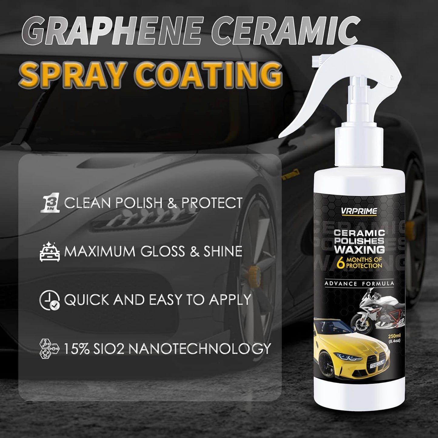 VRPRIME DIY Quick Ceramic Coating for Car Polish & Scratch Protector Spray | Long Lasting Ultra Glow Shine