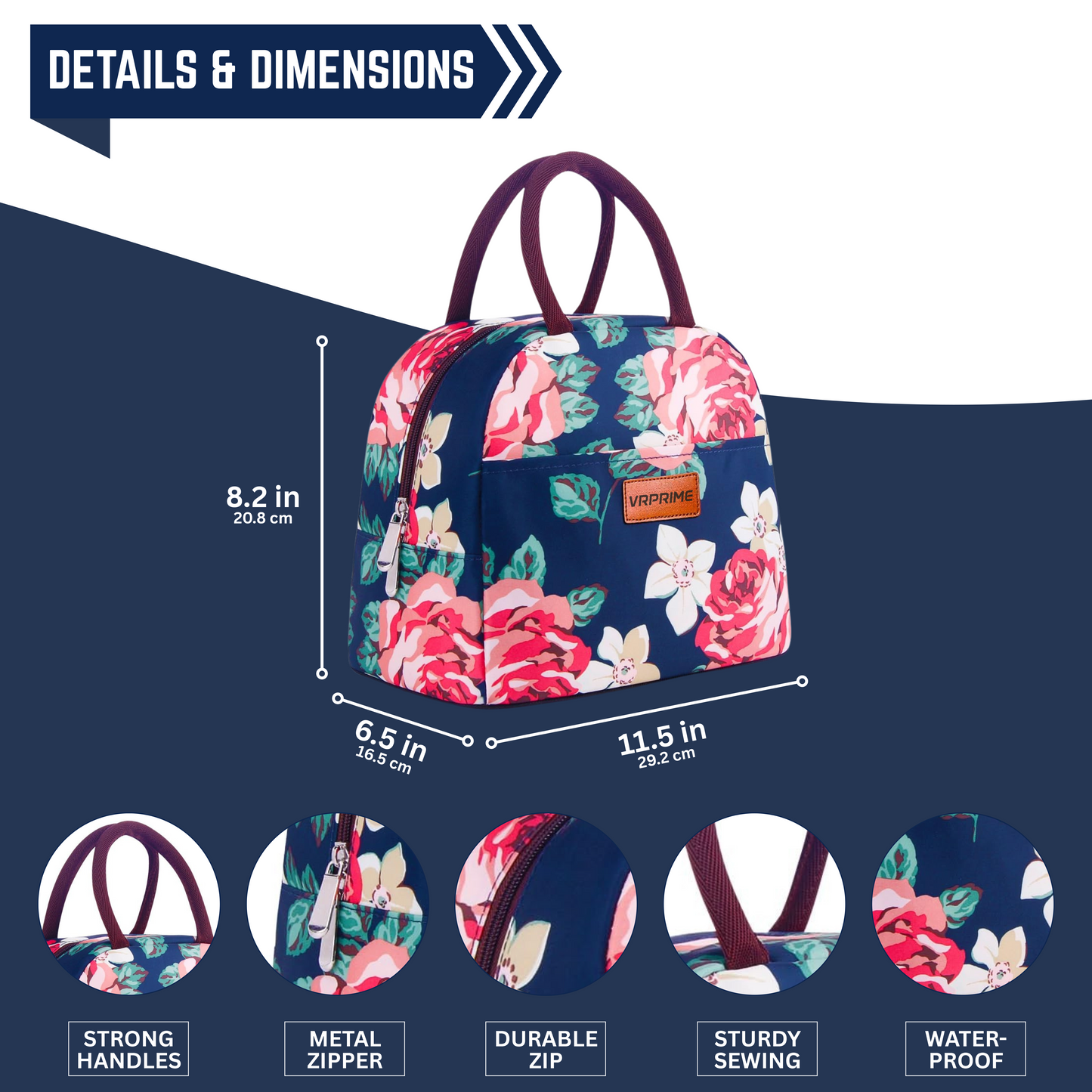 VRPRIME Lunch Bag for Office Use | 7 Liters Navy Color with Roses | Lunch Bags for Women