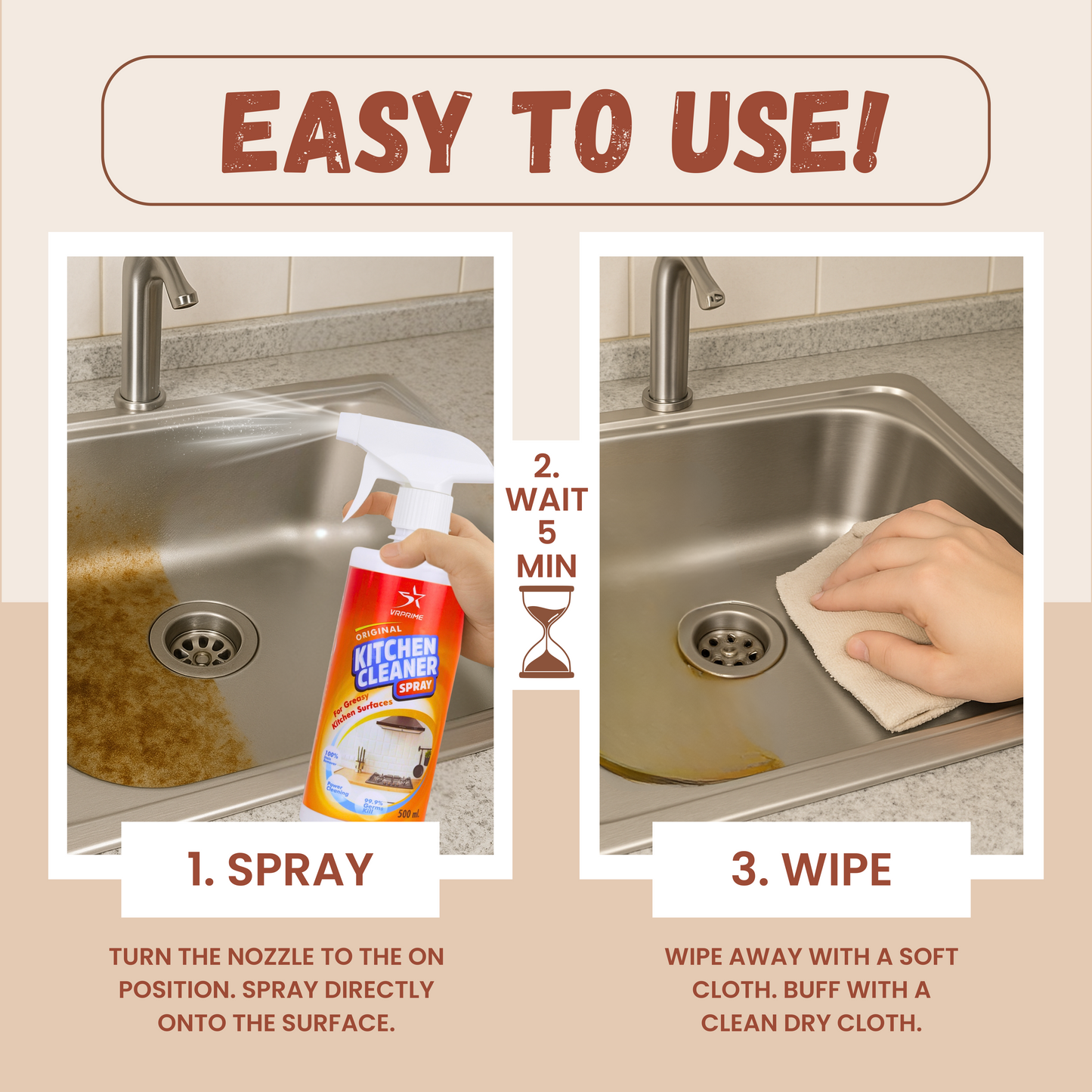 VRPRIME Kitchen Cleaner Spray | Kitchen Sink Chimney Gas Stove Oven Oil Stain Remover All Purpose Degreaser Spray | Kitchen Cleaning Spray for Exhaust Fan (500ml)