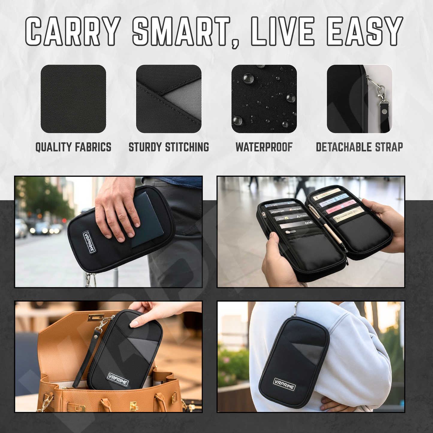 VRPRIME Unisex Travel Passport Holder Sling Pouch | RFID Safe Card Wallet with Strap | Waterproof Crossbody Travel Bag