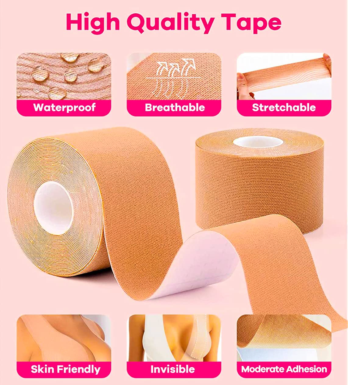 VRPRIME Boob Tape Kit - 5M Boob Tape with Reusable Nipple Cover for Women and 100 Strips Body Tape for Clothes