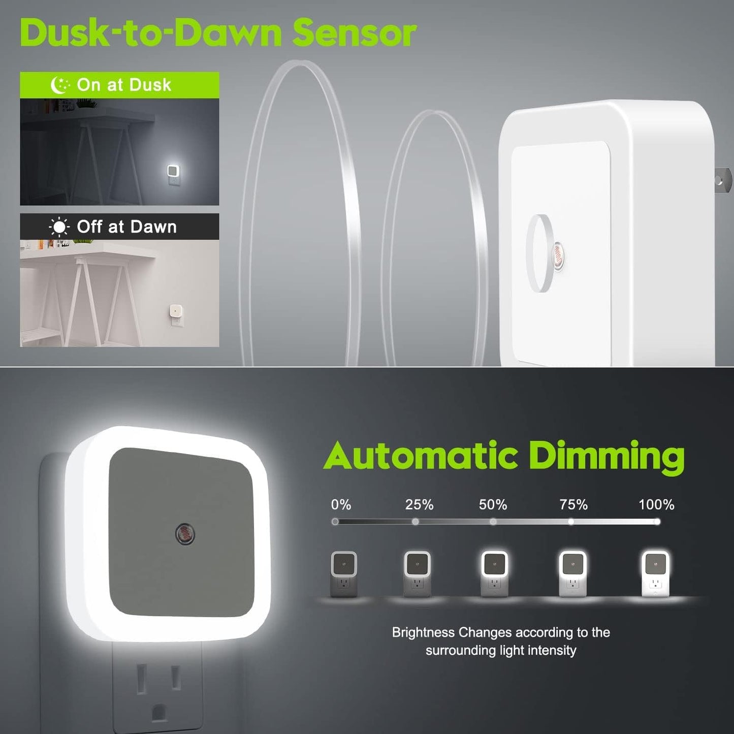 6pc Night Lamp Sensor White Light for Bedroom Bed Side Home | Smart Automatic ON/Off Dim LED Lights