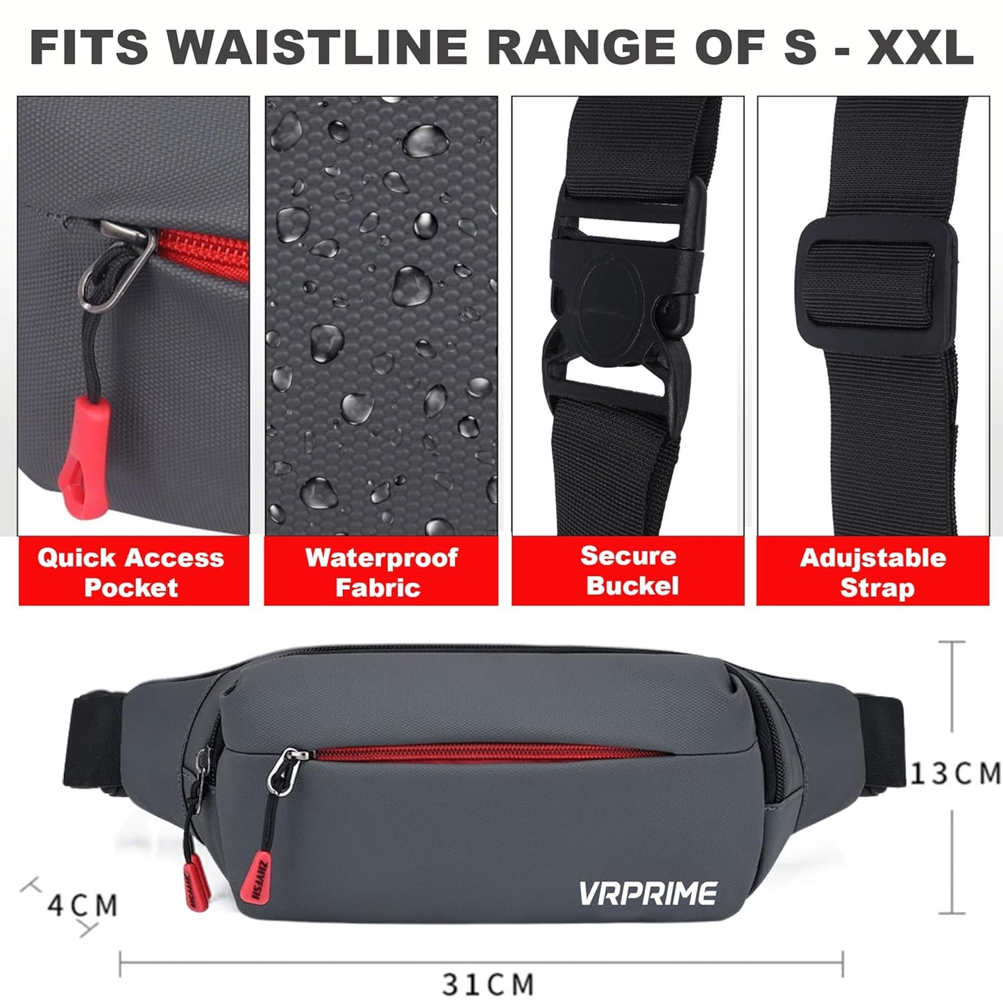VRPRIME Waist Bag for Men | Fanny Waist Pouch Pack | Small Chest Bags for Boys ( Grey )