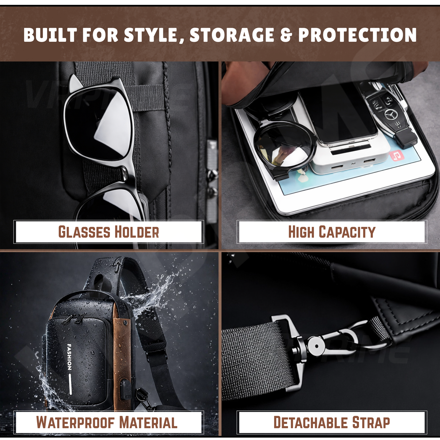 VRPRIME Black Sling Bag for Men | Waterproof Anti-Theft Crossbody Bag with USB Charging Port for Travel, Office & Daily Use