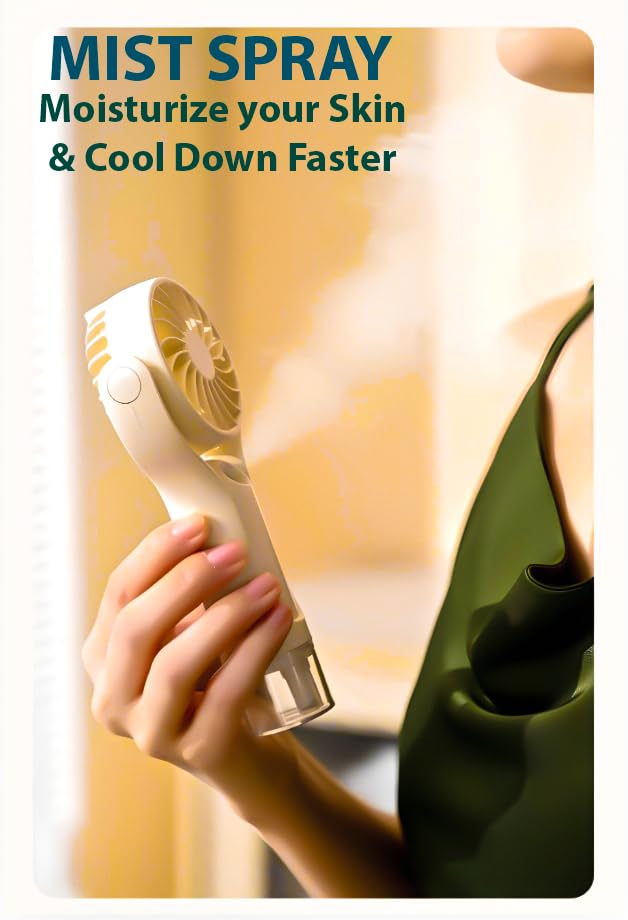 VRPRIME Portable Hand Fan with Mist Spray | Rechargeable Mini USB Table Fan 1000mAh for Home, Office & Travel (Beige White)