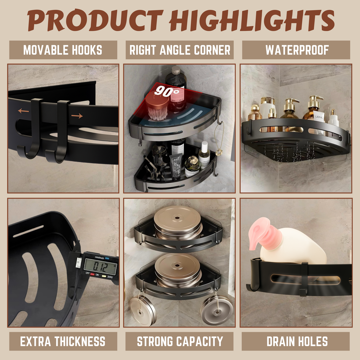 2PC Bathroom Organiser Without Drill | Self Adhesive Wall Mounted Bathroom Corner Shelves Organizer | Bathroom Accessories Set Stand Shelf Storgae Rack (Black, Pack of 2)