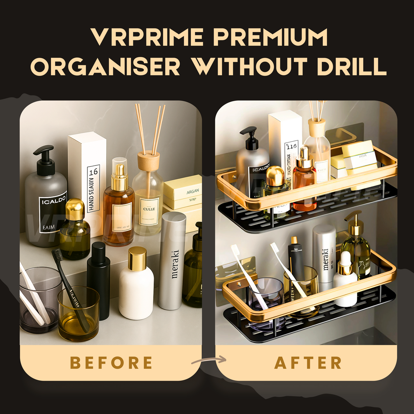 Bathroom Organiser Without Drill | 2PCS Self Adhesive Shelves Shelf Rack Washroom Storage Organiser Without Drill Stand Racks Bathroom Shelf Shelves (Pack of 2, Gold )