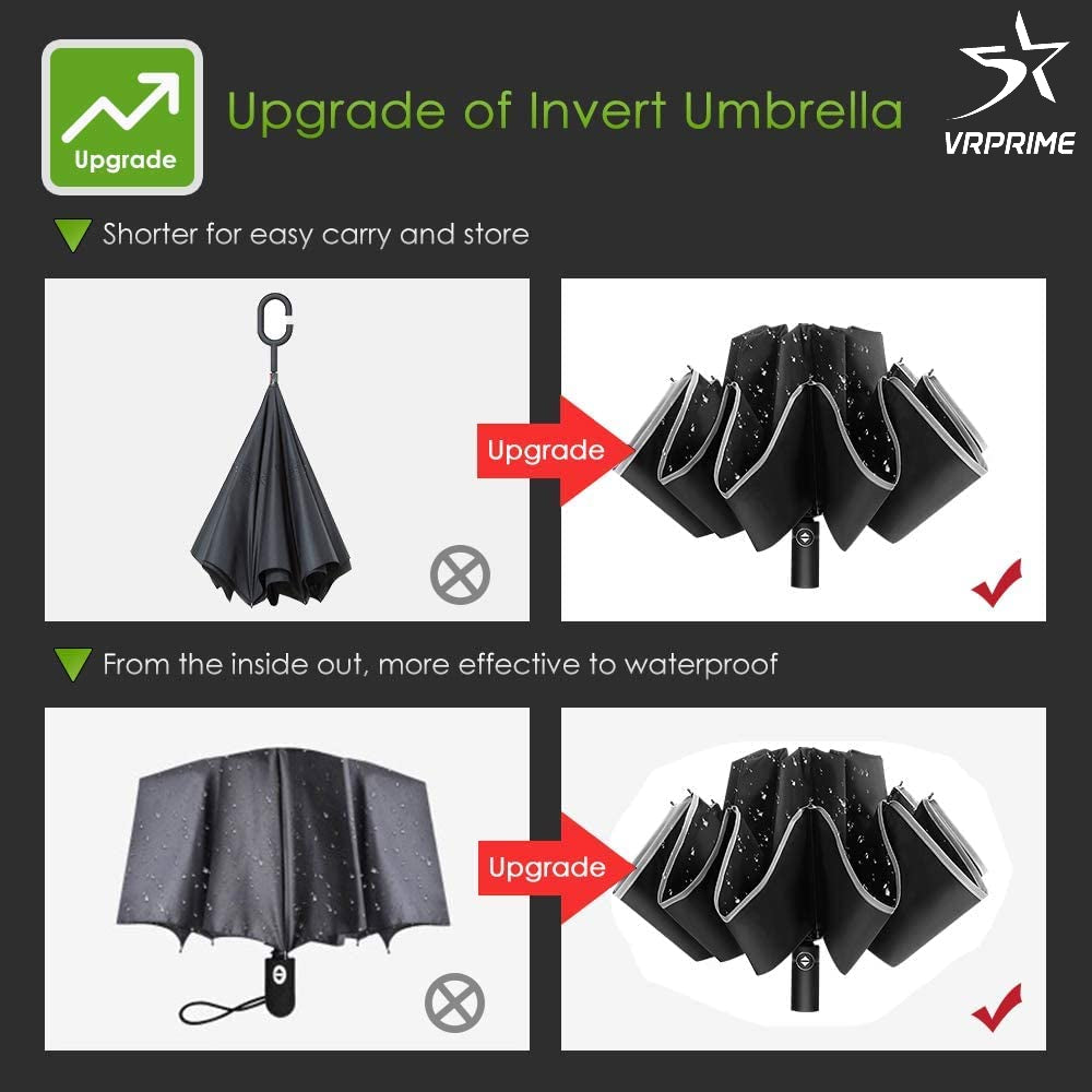 VRPRIME 3 Fold Automatic Umbrella for Rain & Sun | Big Size Windproof Umbrella with Reflective Strap, 10 Dual Reinforced Ribs | Travel Umbrella (Black)