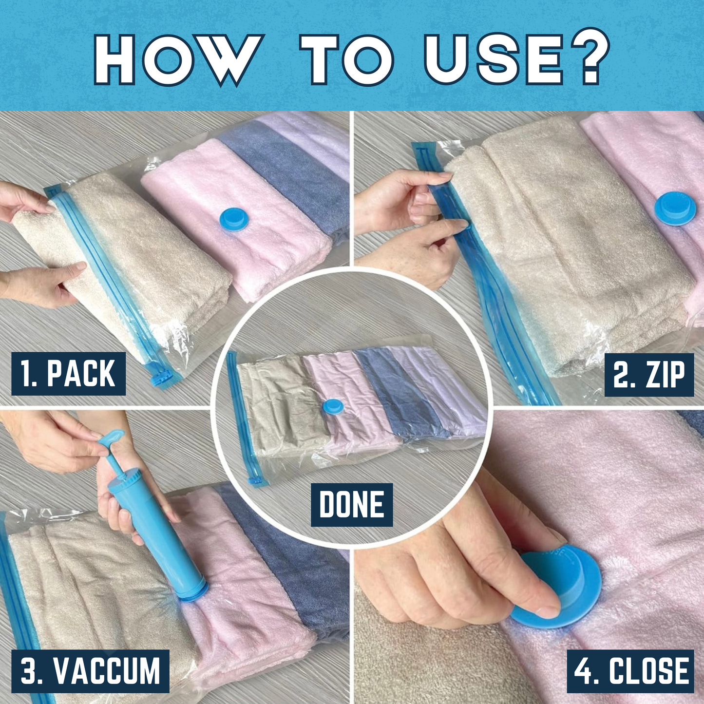 VRPRIME 5Pc Vacuum Bags for Clothes with Pump | Travel & Smart Space Saver Strorage Vaccum Bag