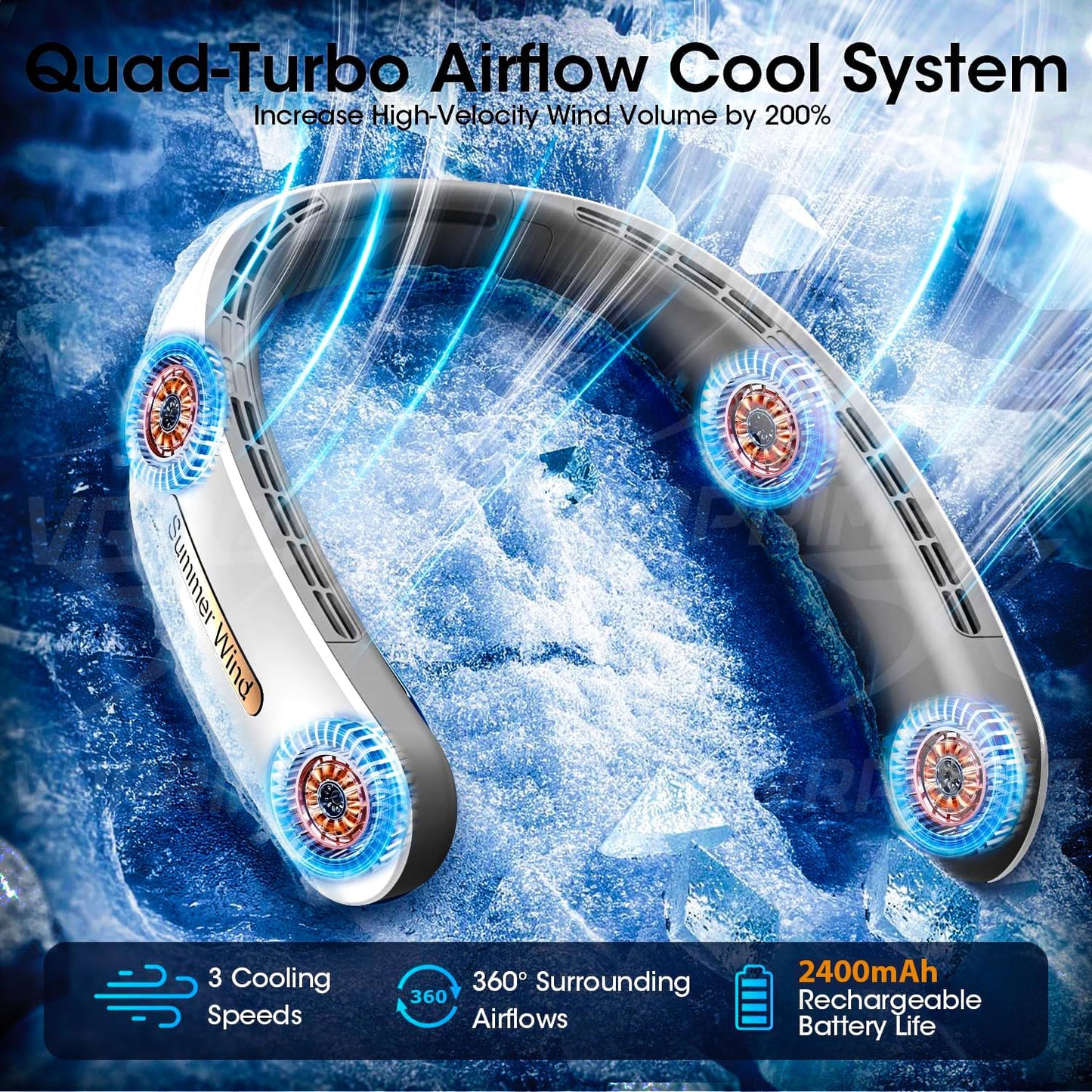 VRPRIME Portable Neck Fan Rechargeable 2400mAh | Hands-Free Personal Fan with 4 Turbo Motors & 3 Speeds | Low Noise Cooling for Kitchen, Travel & Outdoor (White)