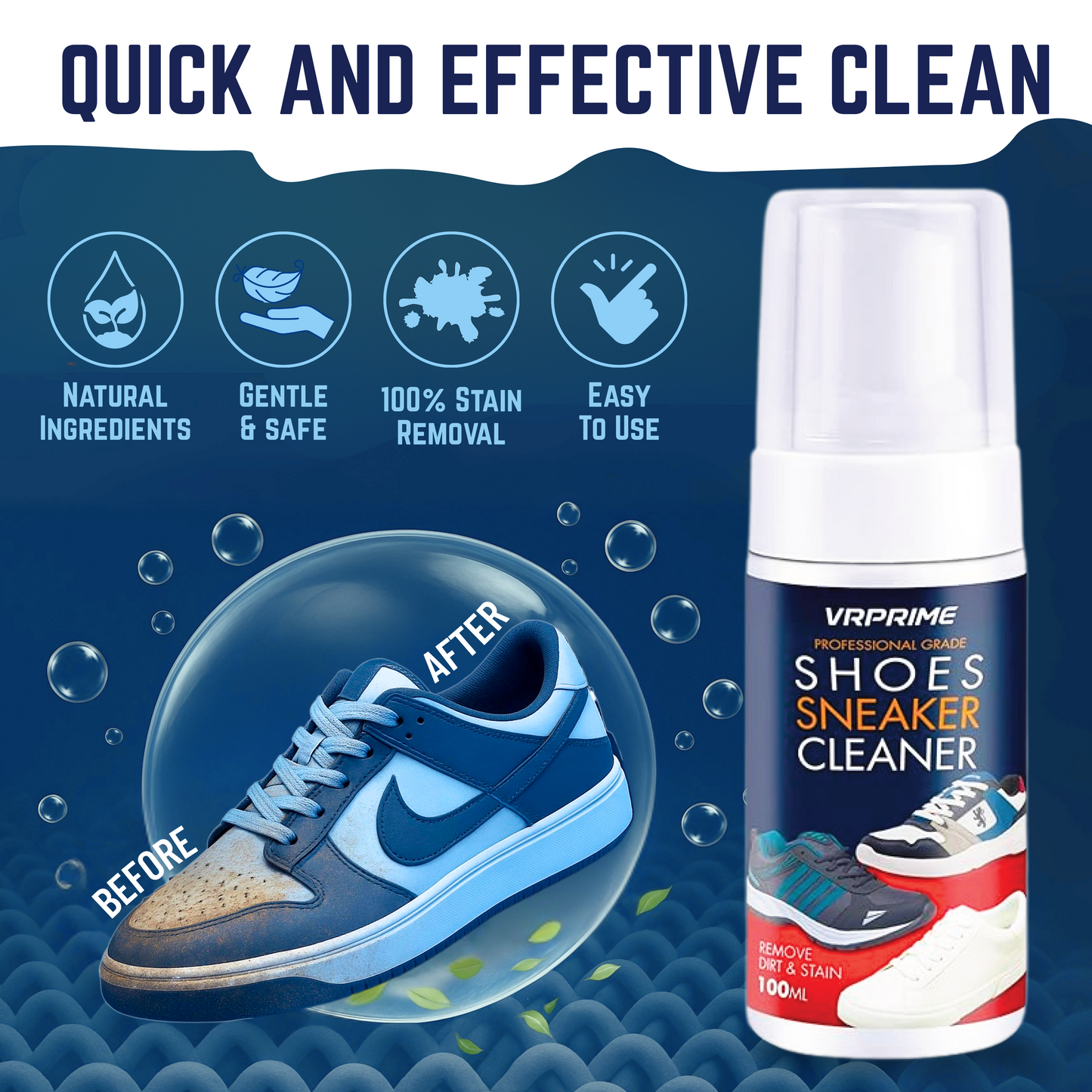 VRPRIME Shoe Cleaner Kit 3PC (100ML) | Sneaker Cleaning Solution with Brush & Microfiber Cloth | Removes Dirt & Stains from Sports Shoes
