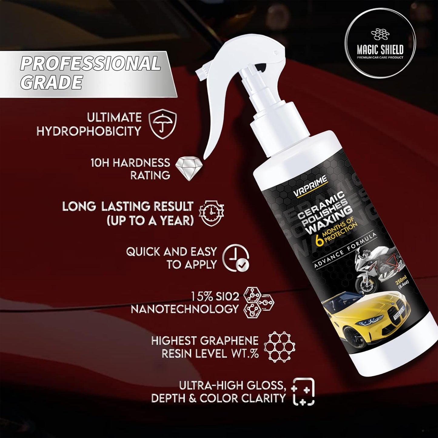 VRPRIME DIY Quick Ceramic Coating for Car Polish & Scratch Protector Spray | Long Lasting Ultra Glow Shine