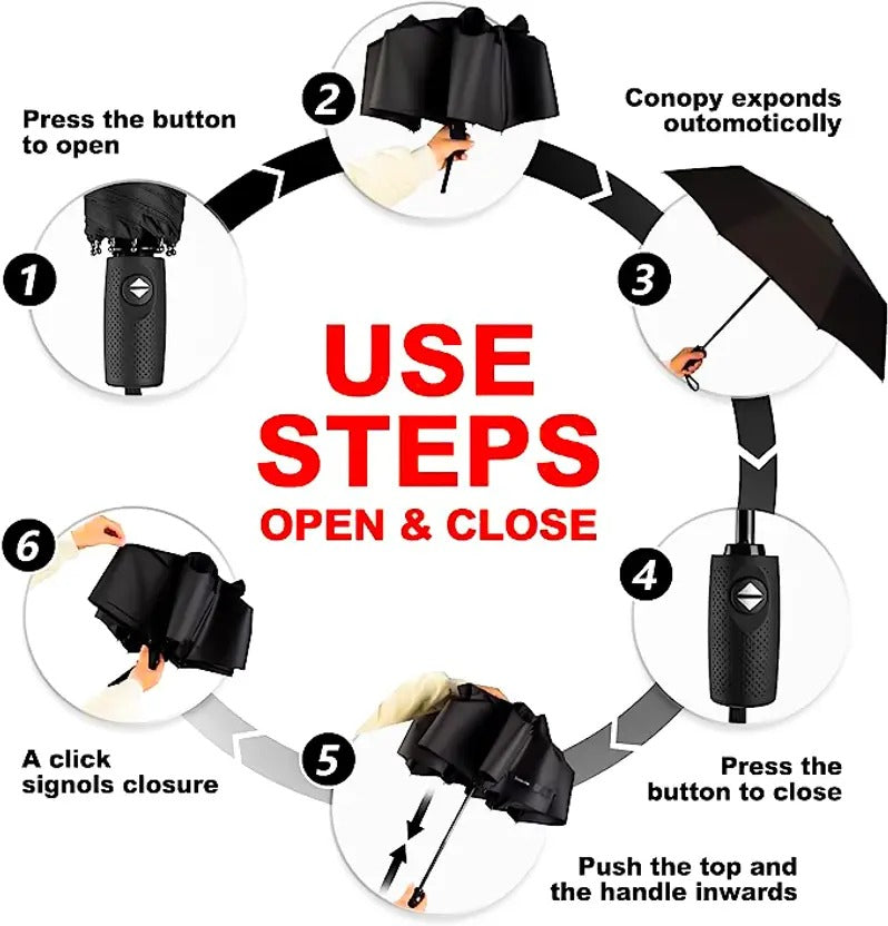 VRPRIME 3 Fold Automatic Umbrella for Rain & Sun | Big Size Windproof Travel Umbrella with 10 Dual Reinforced Ribs | Auto Open/Close (Black)