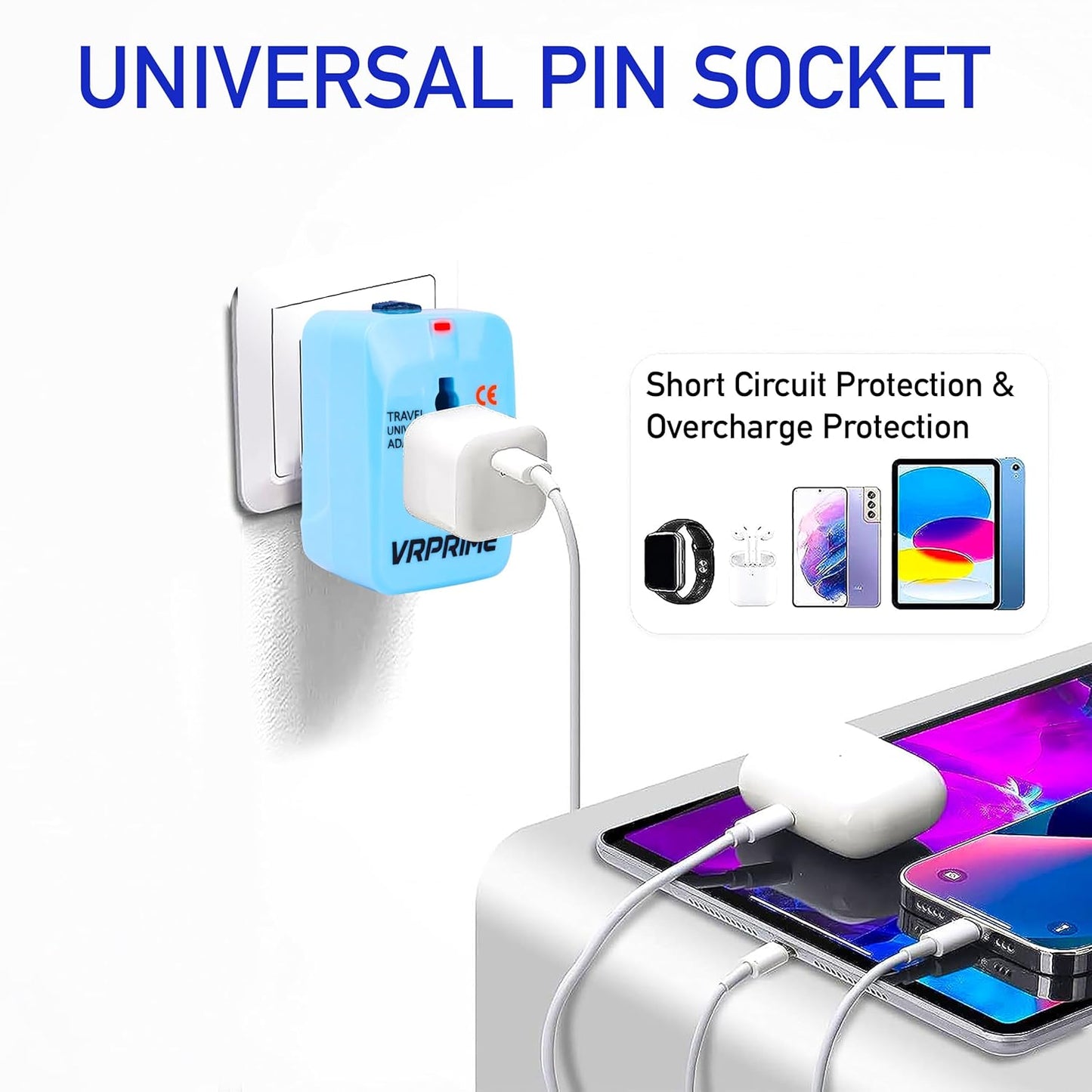 VRPRIME Universal Travel Adapter | International Worldwide Plug Charger for 150+ Countries | Phone & Laptop Compatible | 6+3 Month Warranty (Without USB)