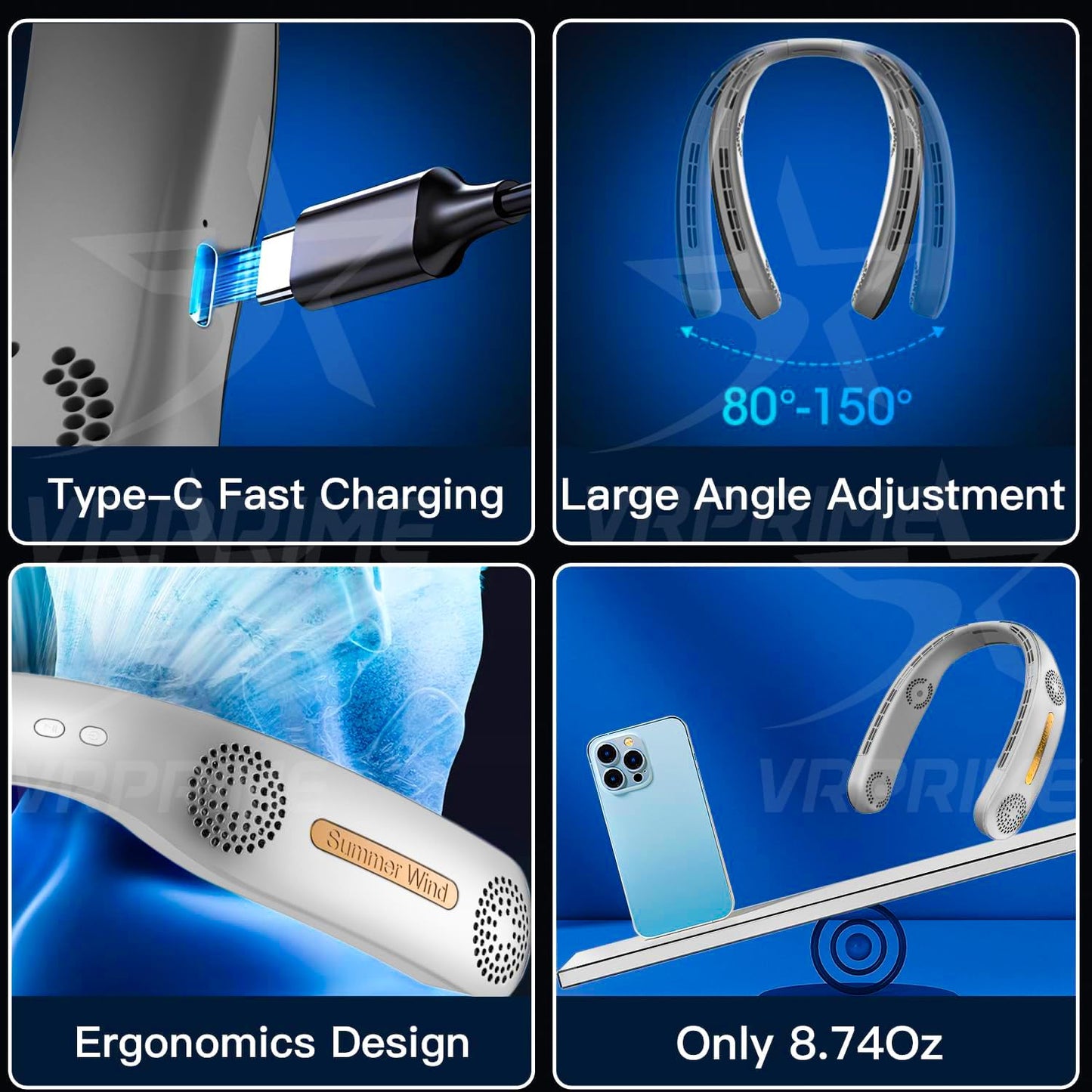 VRPRIME Portable Neck Fan Rechargeable 2400mAh | Hands-Free Personal Fan with 4 Turbo Motors & 3 Speeds | Low Noise Cooling for Kitchen, Travel & Outdoor (White)