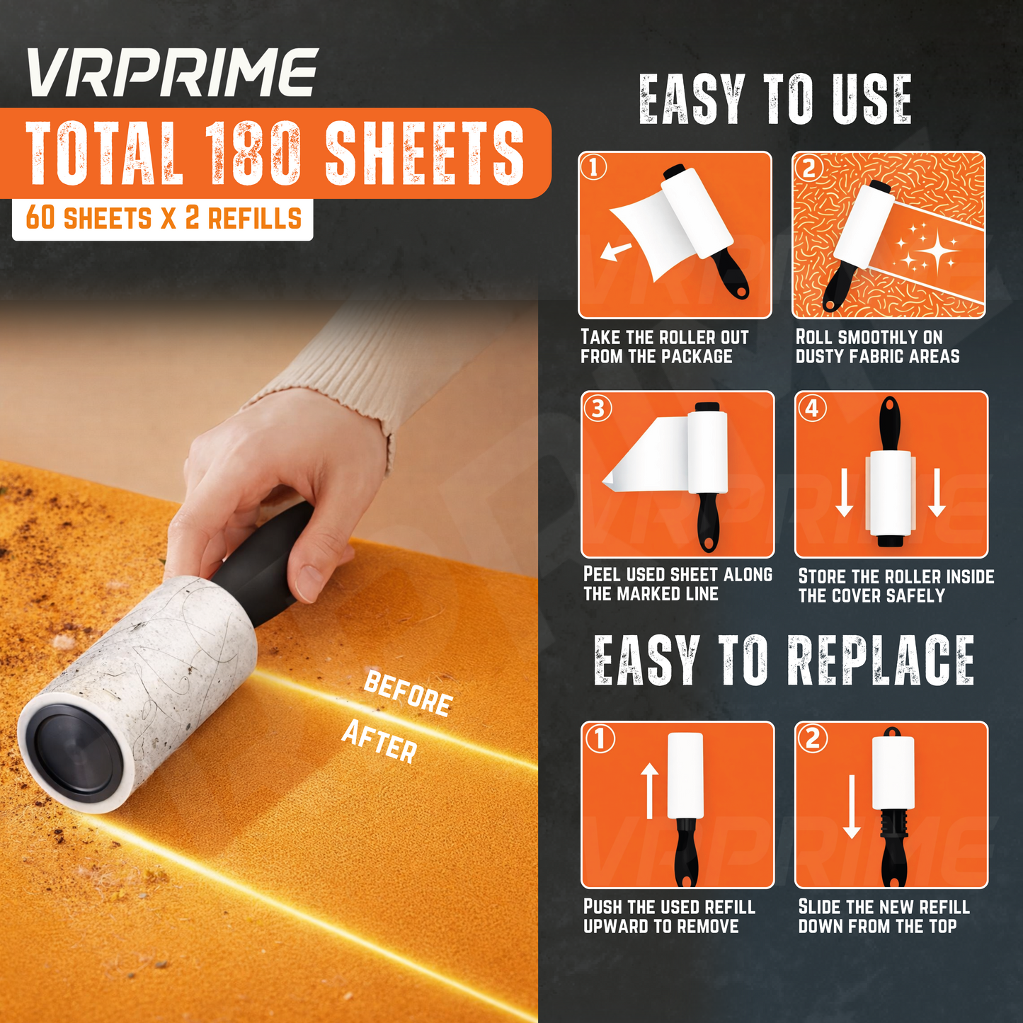 VRPRIME Lint Roller for Clothes (180 Sheets) | Reusable Sticky Easy-Tear Sheets for Sweaters, Blankets, Cat & Dog Hair Fur Remover