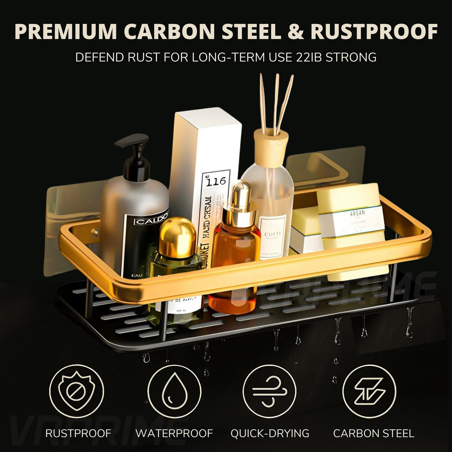 Bathroom Organiser Without Drill | 2PCS Self Adhesive Shelves Shelf Rack Washroom Storage Organiser Without Drill Stand Racks Bathroom Shelf Shelves (Pack of 2, Gold )