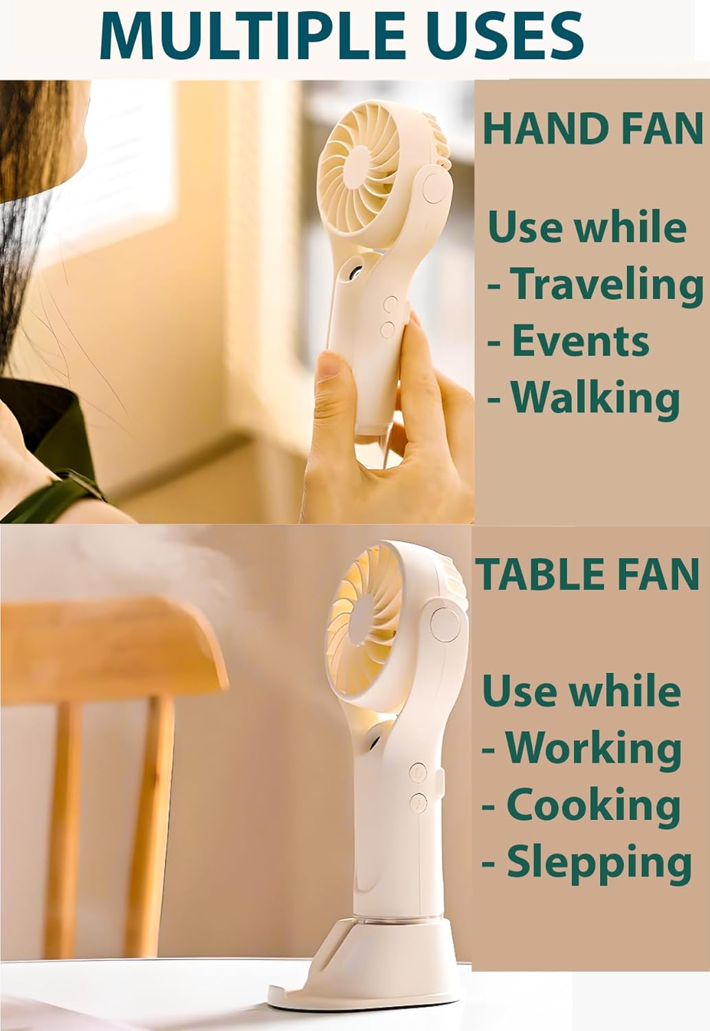 VRPRIME Portable Hand Fan with Mist Spray | Rechargeable Mini USB Table Fan 1000mAh for Home, Office & Travel (Beige White)