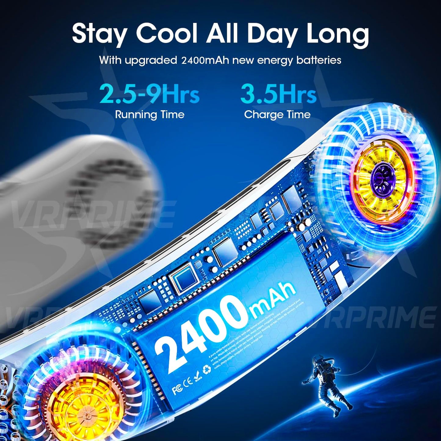 VRPRIME Portable Neck Fan Rechargeable 2400mAh | Hands-Free Personal Fan with 4 Turbo Motors & 3 Speeds | Low Noise Cooling for Kitchen, Travel & Outdoor (White)