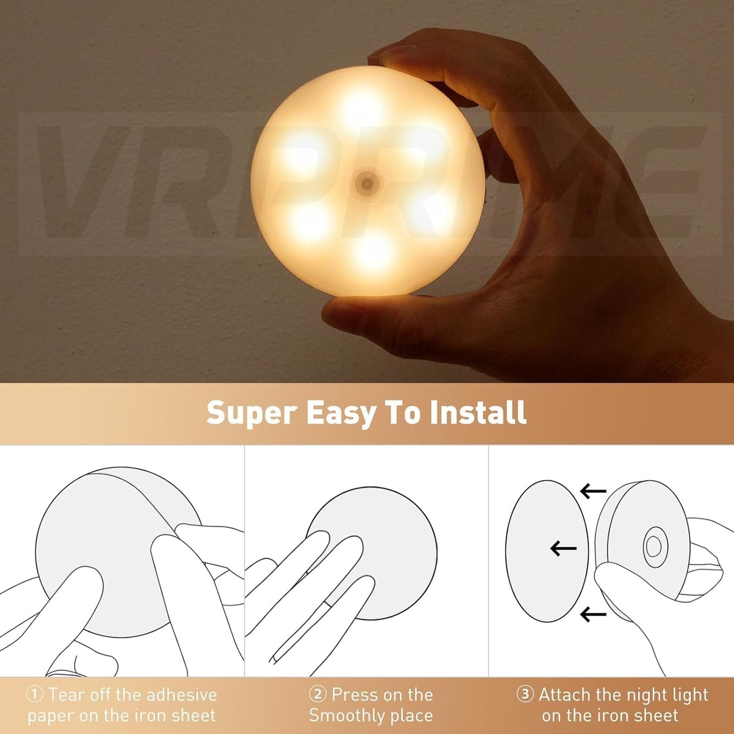 VRPRIME Rechargeable 6 Motion Sensor Light | Night Body Induction Lamp for Bedroom, Wardrobe & Stairs