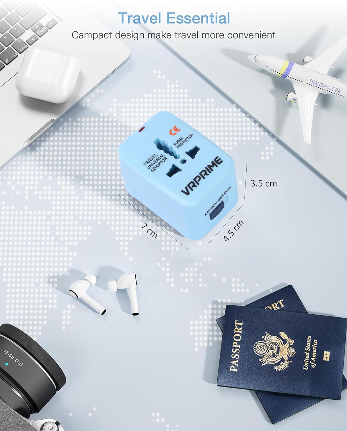 VRPRIME Universal Travel Adapter | International Worldwide Plug Charger for 150+ Countries | Phone & Laptop Compatible | 6+3 Month Warranty (Without USB)