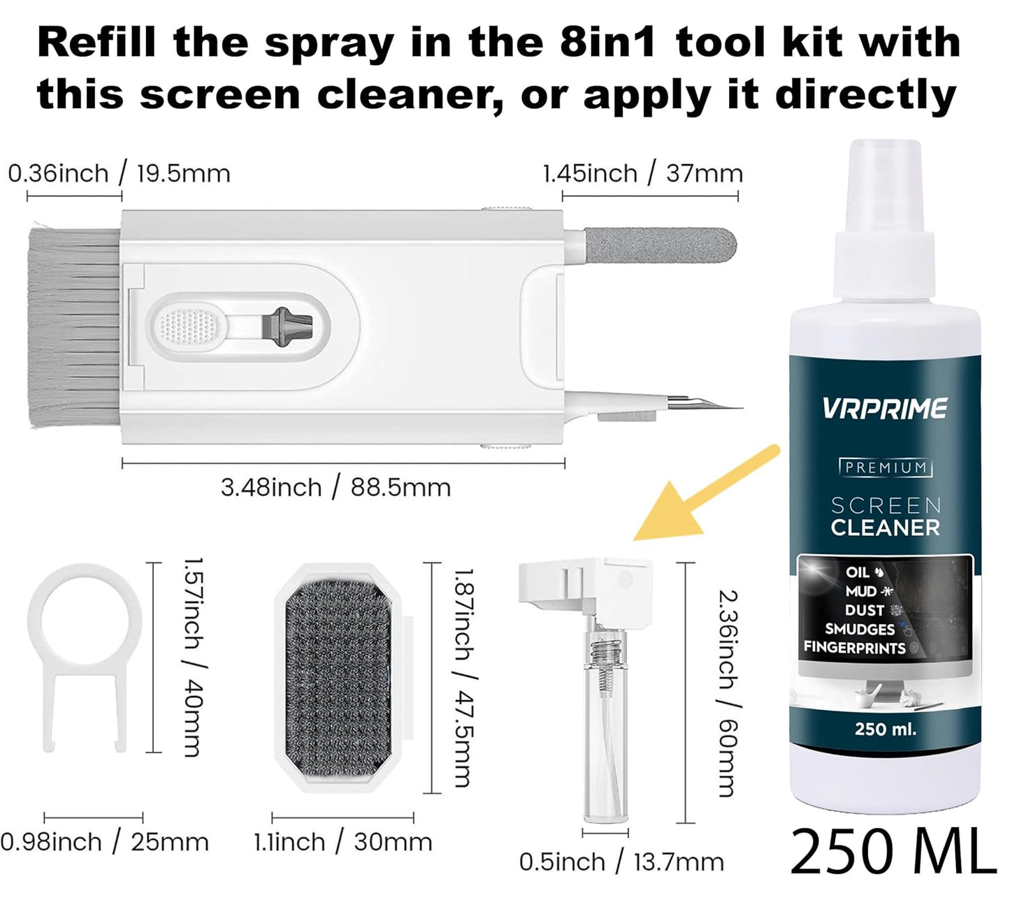 Laptop Cleaner Kit 8-in-1 | Tool for Cleaning Keyboard, Earbuds or Screens (250ml)