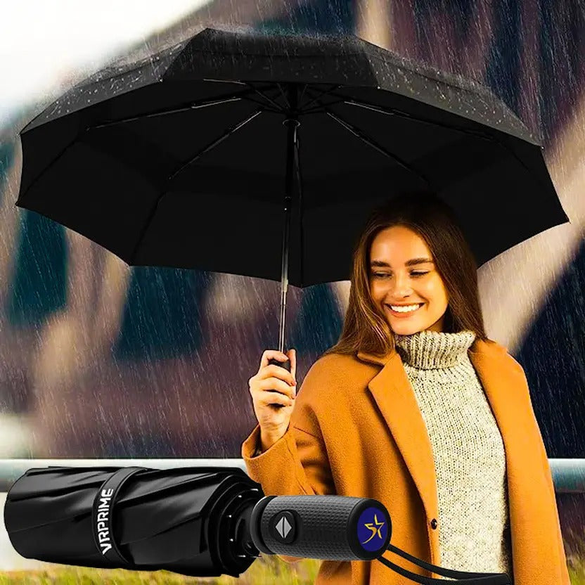 VRPRIME 3 Fold Automatic Umbrella for Rain & Sun | Big Size Windproof Travel Umbrella with 10 Dual Reinforced Ribs | Auto Open/Close (Black)