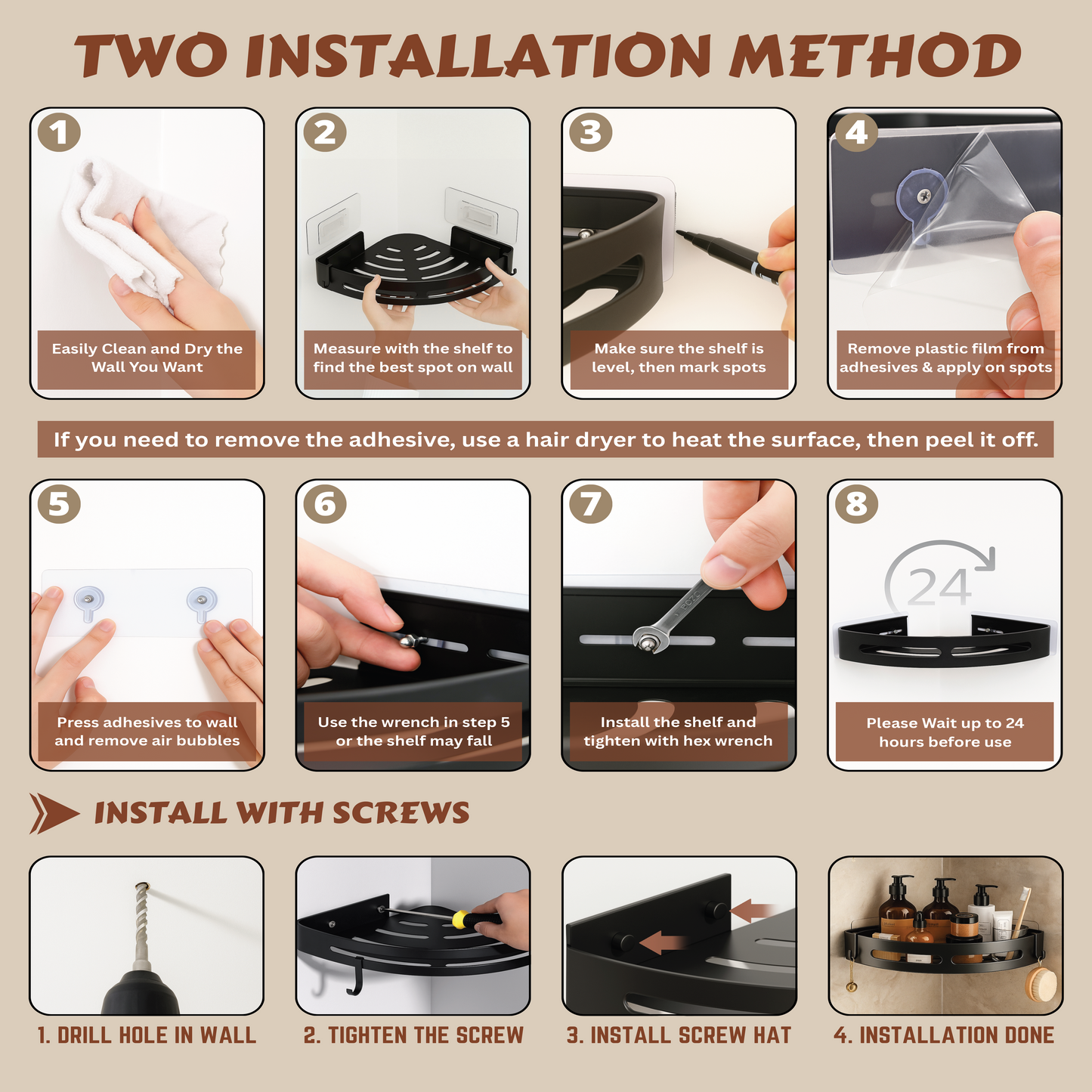 2PC Bathroom Organiser Without Drill | Self Adhesive Wall Mounted Bathroom Corner Shelves Organizer | Bathroom Accessories Set Stand Shelf Storgae Rack (Black, Pack of 2)