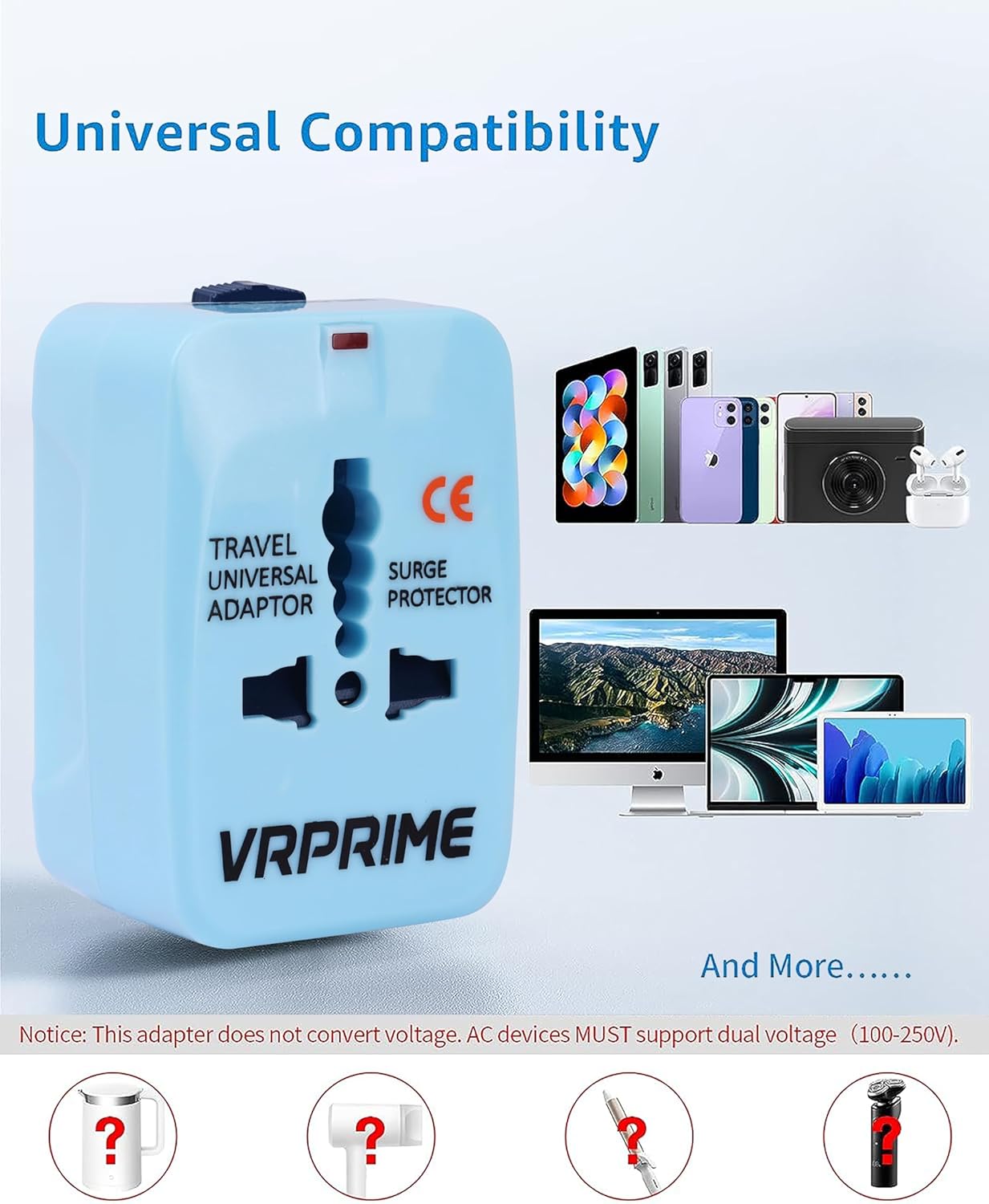 VRPRIME Universal Travel Adapter | International Worldwide Plug Charger for 150+ Countries | Phone & Laptop Compatible | 6+3 Month Warranty (Without USB)